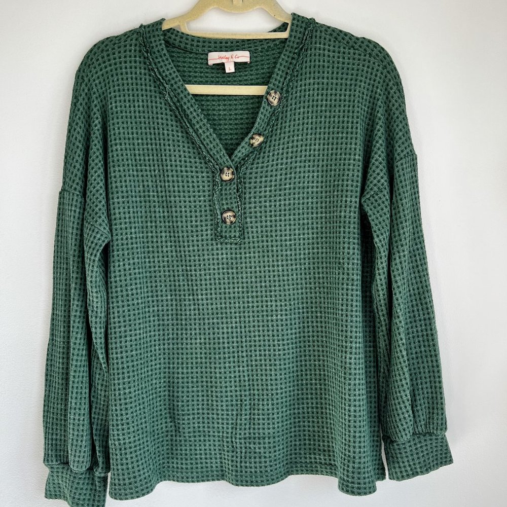 Super Soft Green Waffle Knit Henley